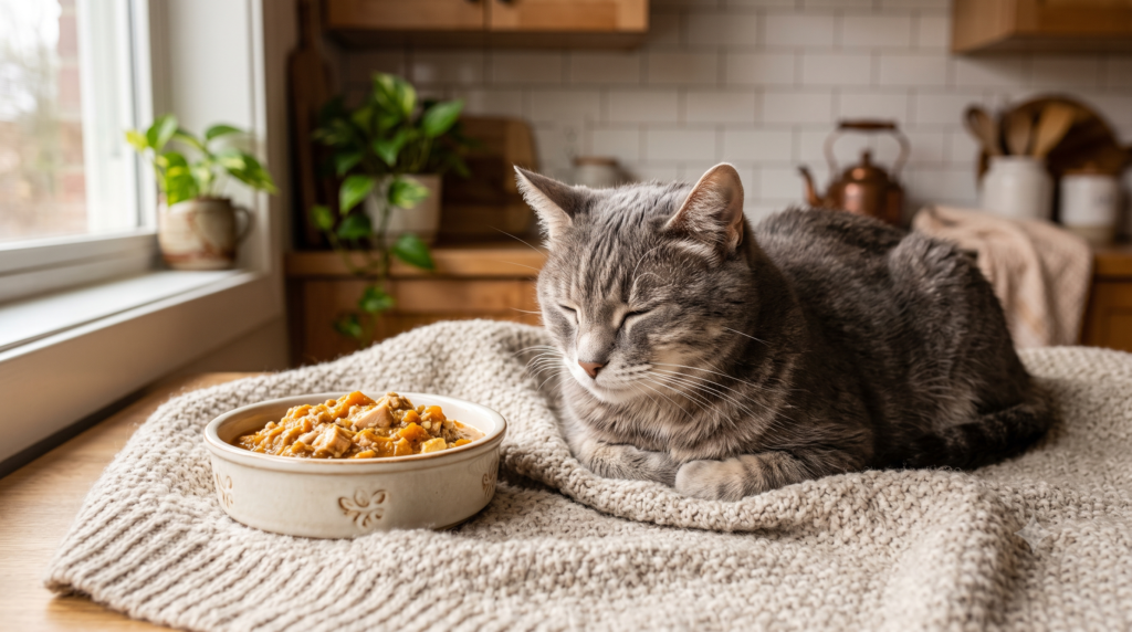 Senior domestic shorthair cat resting beside a ceramic bowl filled with fresh chicken and pumpkin wet cat food in a cozy kitchen.